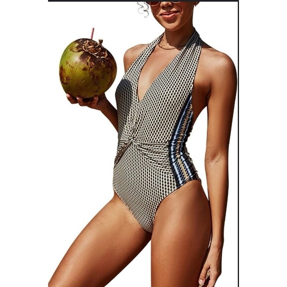 Reiss Women's Plunge V-Neck Print One Piece Halter Swimsuit Blue US Size 4 - Picture 1 of 16